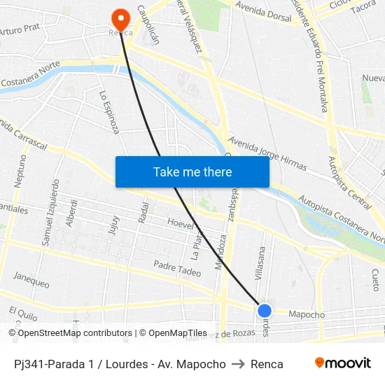 Pj341-Parada 1 / Lourdes - Av. Mapocho to Renca map