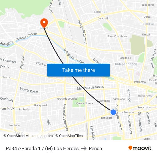 Pa347-Parada 1 / (M) Los Héroes to Renca map
