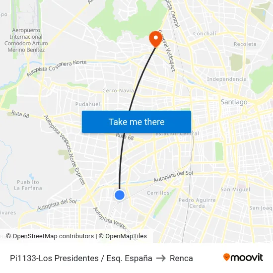 Pi1133-Los Presidentes / Esq. España to Renca map