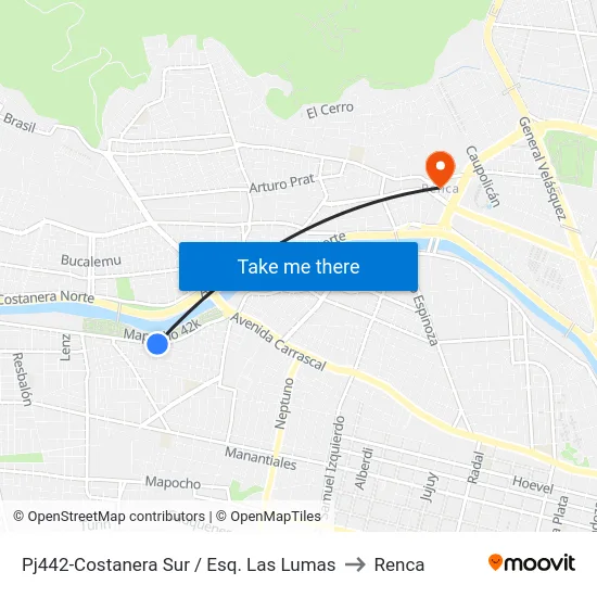 Pj442-Costanera Sur / Esq. Las Lumas to Renca map
