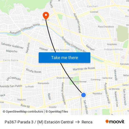 Pa367-Parada 3 / (M) Estación Central to Renca map