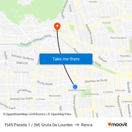 Pj45-Parada 1 / (M) Gruta De Lourdes to Renca map