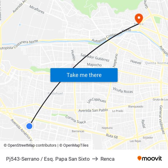 Pj543-Serrano / Esq. Papa San Sixto to Renca map