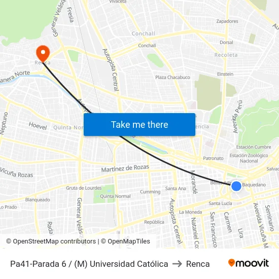 Pa41-Parada 6 / (M) Universidad Católica to Renca map