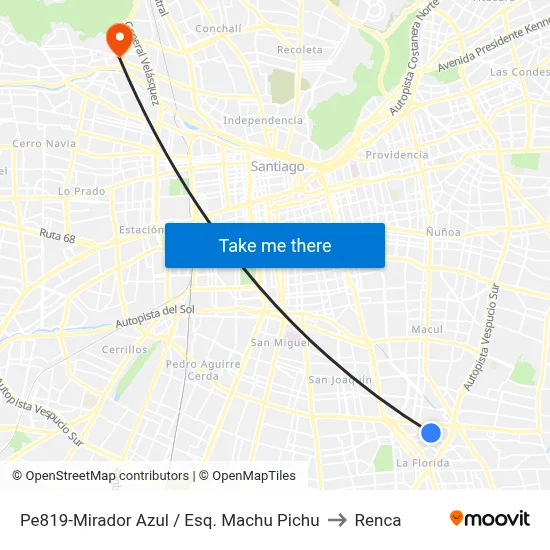 Pe819-Mirador Azul / Esq. Machu Pichu to Renca map