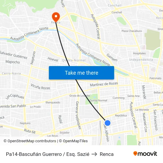Pa14-Bascuñán Guerrero / Esq. Sazié to Renca map