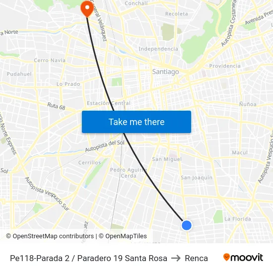 Pe118-Parada 2 / Paradero 19 Santa Rosa to Renca map
