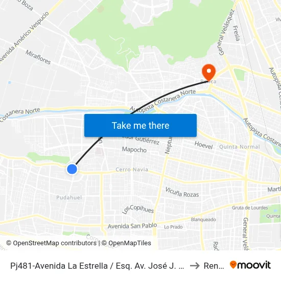 Pj481-Avenida La Estrella / Esq. Av. José J. Pérez to Renca map