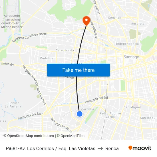 Pi681-Av. Los Cerrillos / Esq. Las Violetas to Renca map