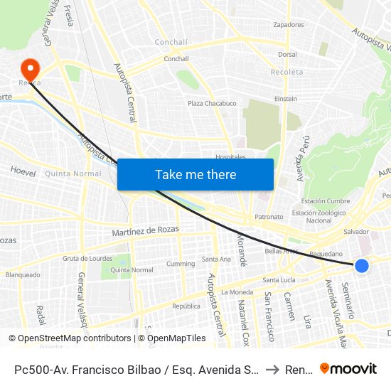 Pc500-Av. Francisco Bilbao / Esq. Avenida Salvador to Renca map