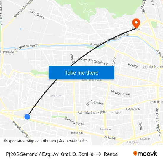 Pj205-Serrano / Esq. Av. Gral. O. Bonilla to Renca map