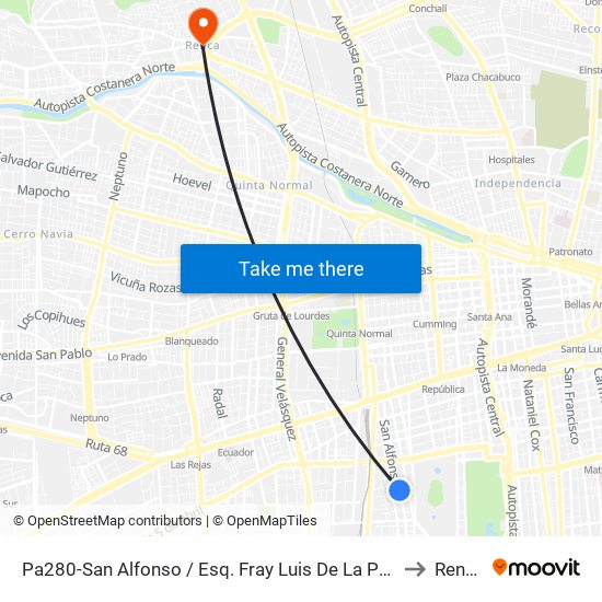 Pa280-San Alfonso / Esq. Fray Luis De La Peña to Renca map