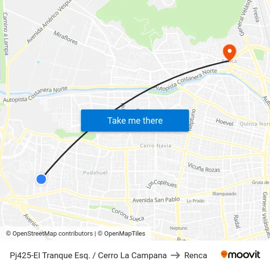 Pj425-El Tranque Esq. / Cerro La Campana to Renca map