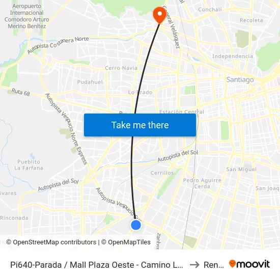 Pi640-Parada / Mall Plaza Oeste - Camino Lonquén to Renca map