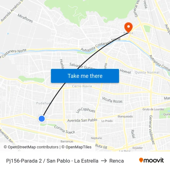Pj156-Parada 2 / San Pablo - La Estrella to Renca map