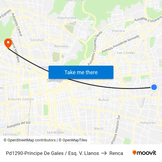 Pd1290-Príncipe De Gales / Esq. V. Llanos to Renca map