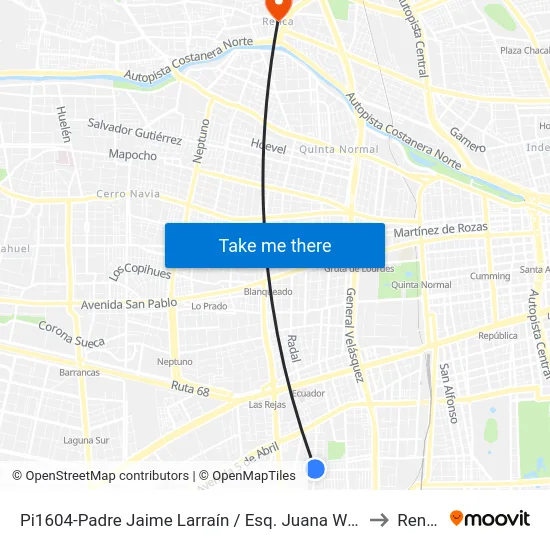 Pi1604-Padre Jaime Larraín / Esq. Juana Weber to Renca map