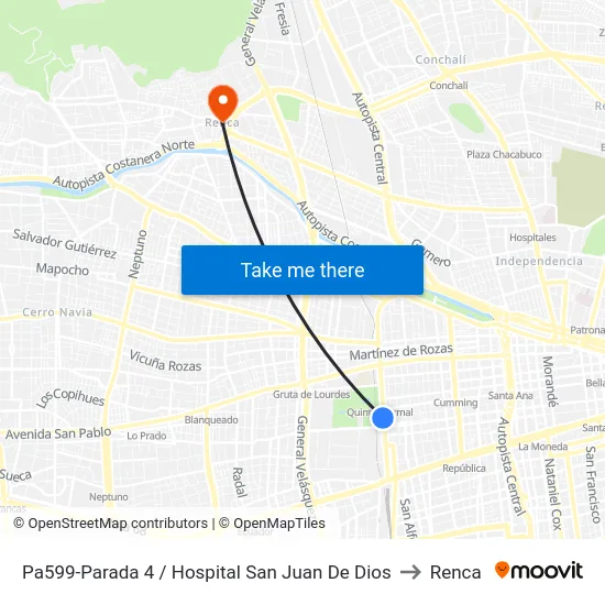 Pa599-Parada 4 / Hospital San Juan De Dios to Renca map