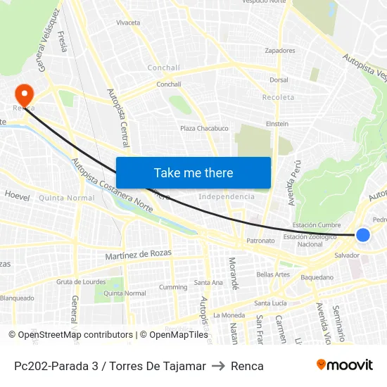 Pc202-Parada 3 / Torres De Tajamar to Renca map