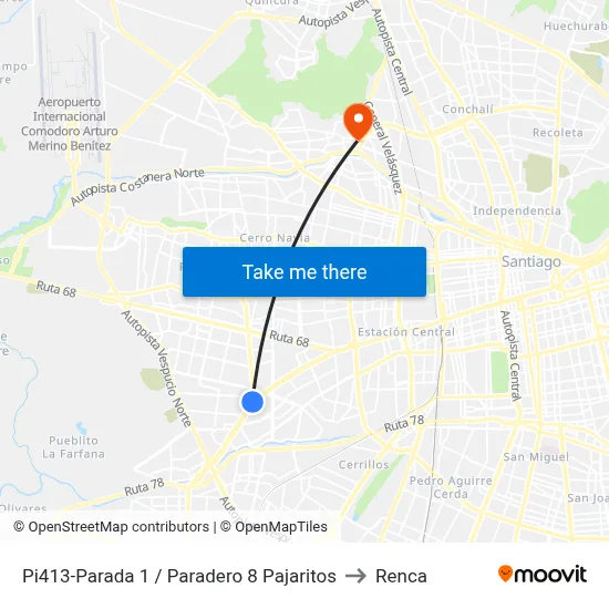 Pi413-Parada 1 / Paradero 8 Pajaritos to Renca map