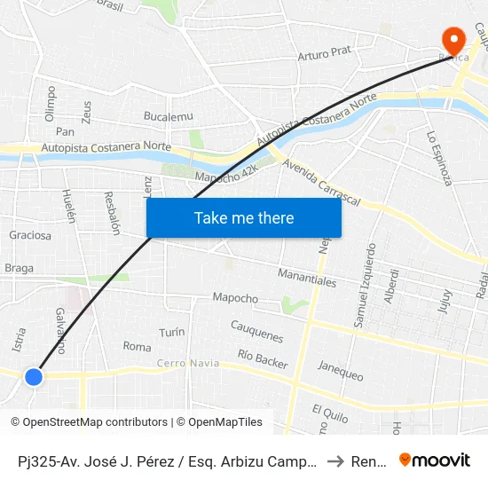 Pj325-Av. José J. Pérez / Esq. Arbizu Campos to Renca map