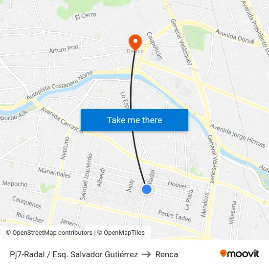 Pj7-Radal / Esq. Salvador Gutiérrez to Renca map