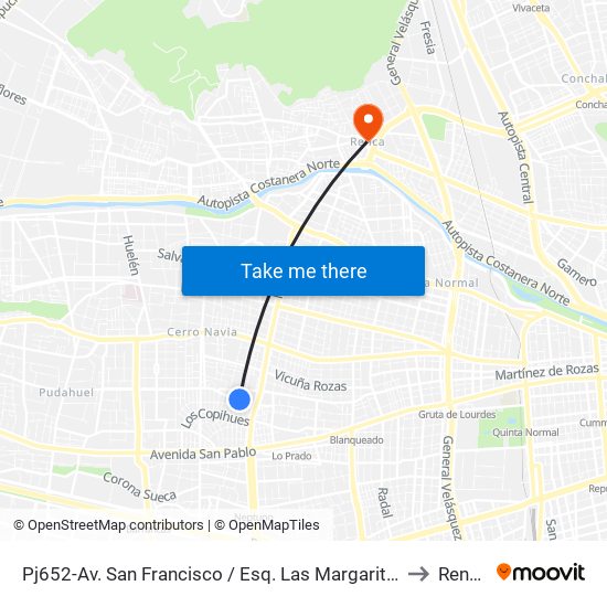 Pj652-Av. San Francisco / Esq. Las Margaritas to Renca map