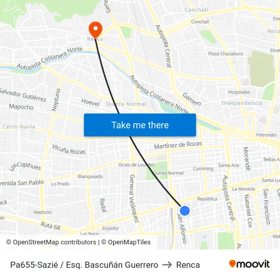 Pa655-Sazié / Esq. Bascuñán Guerrero to Renca map