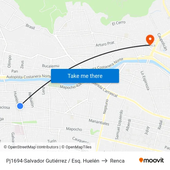 Pj1694-Salvador Gutiérrez / Esq. Huelén to Renca map