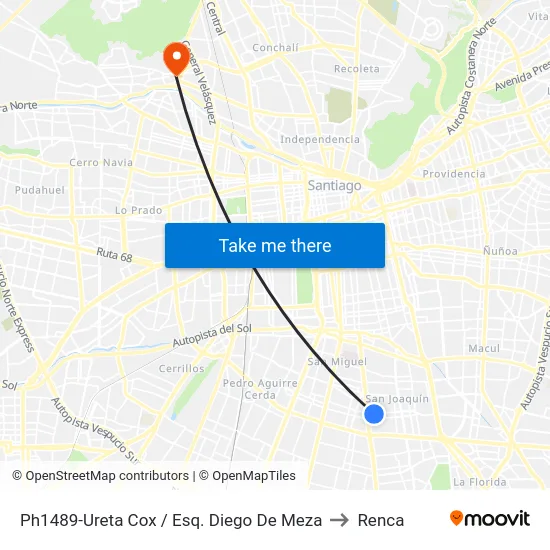 Ph1489-Ureta Cox / Esq. Diego De Meza to Renca map