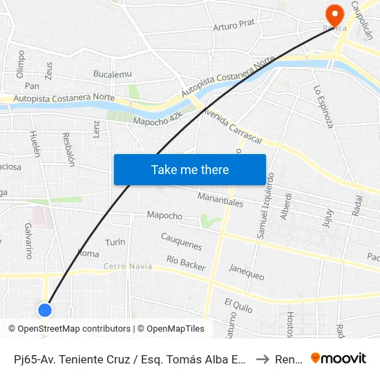 Pj65-Av. Teniente Cruz / Esq. Tomás Alba Edison to Renca map