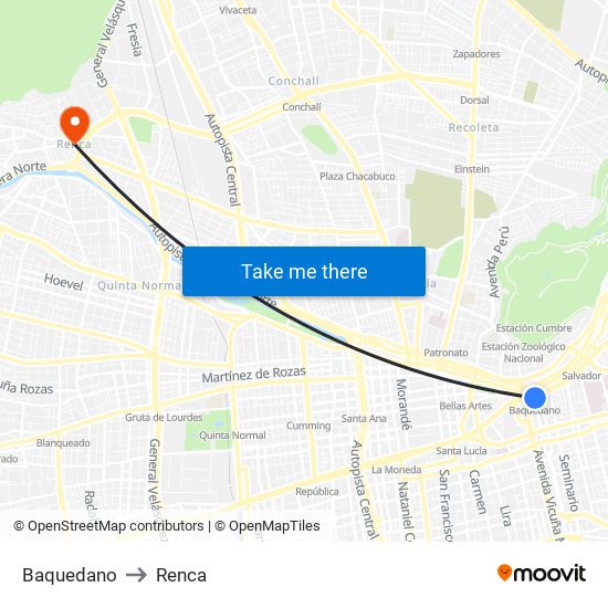 Baquedano to Renca map