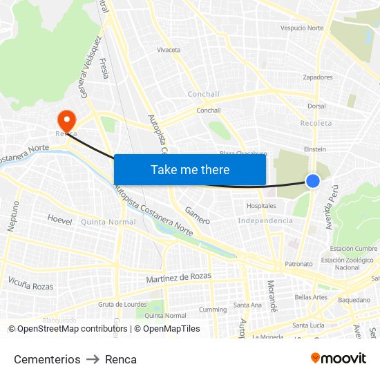 Cementerios to Renca map