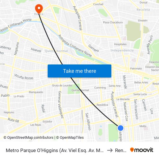 Metro Parque O'Higgins (Av. Viel Esq. Av. Matta) to Renca map