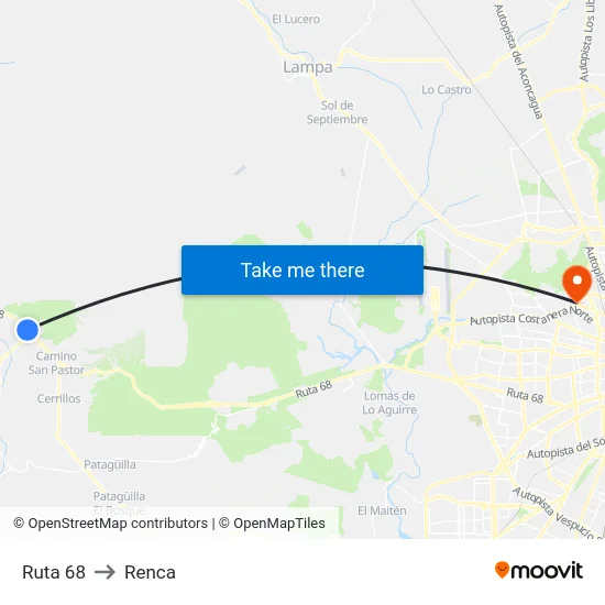 Ruta 68 to Renca map