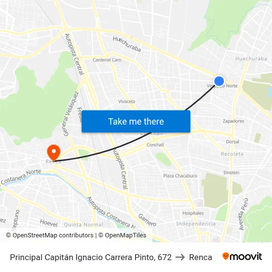 Principal Capitán Ignacio Carrera Pinto, 672 to Renca map