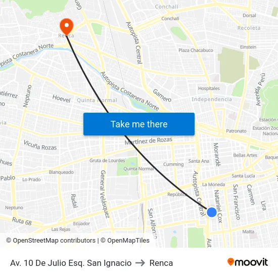 Av. 10 De Julio Esq. San Ignacio to Renca map