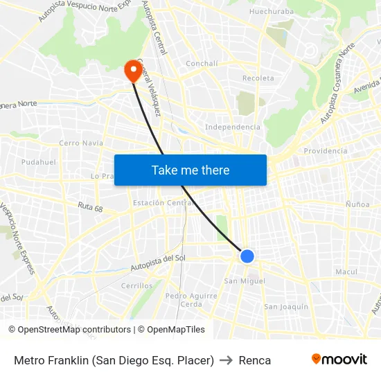 Metro Franklin (San Diego Esq. Placer) to Renca map