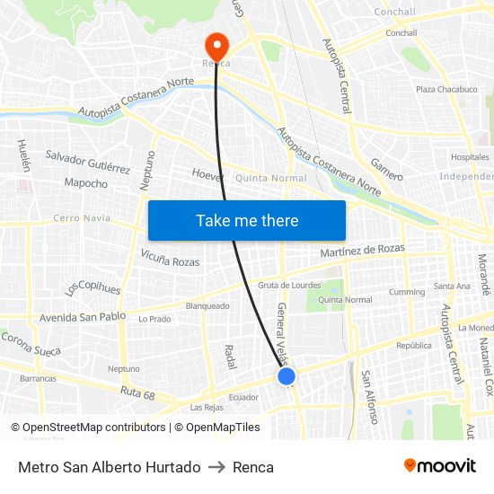 Metro San Alberto Hurtado to Renca map