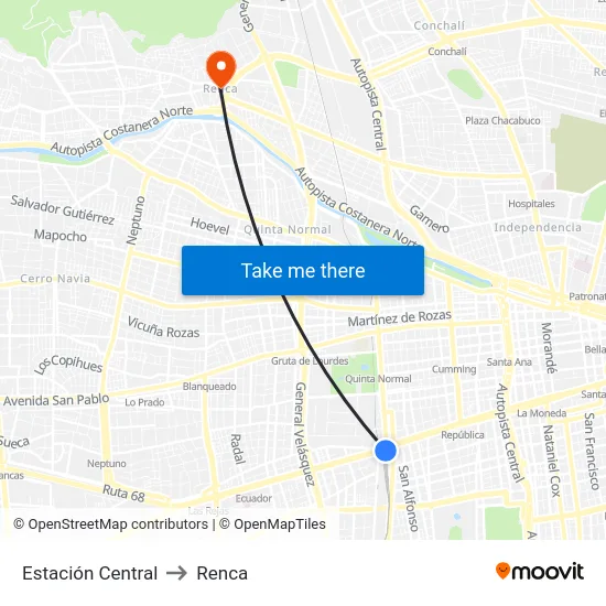 Estación Central to Renca map