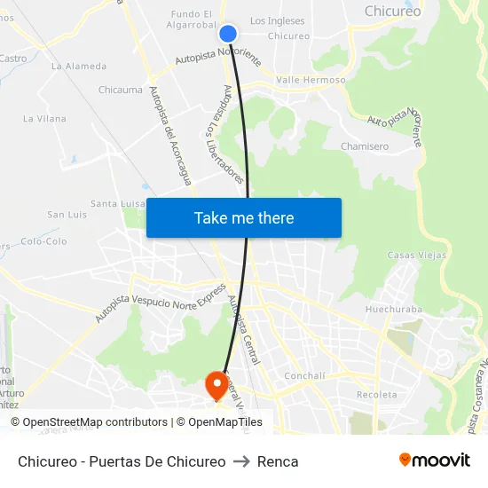 Chicureo - Puertas De Chicureo to Renca map
