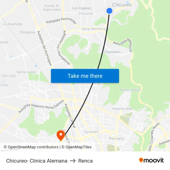 Chicureo- Clinica Alemana to Renca map