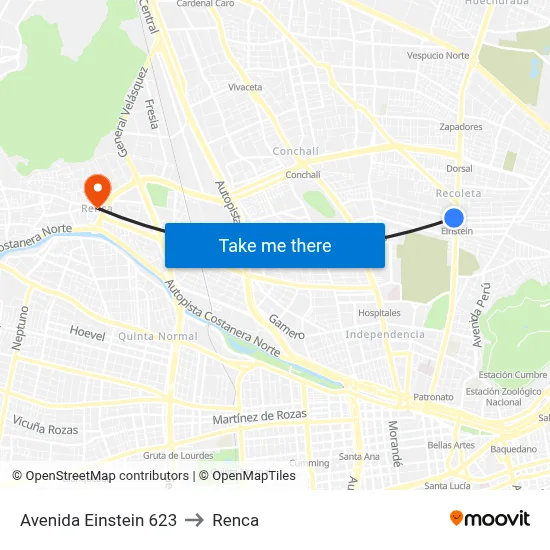 Avenida Einstein 623 to Renca map
