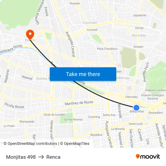Monjitas 498 to Renca map
