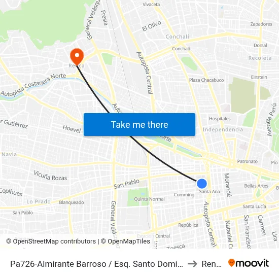 Pa726-Almirante Barroso / Esq. Santo Domingo to Renca map