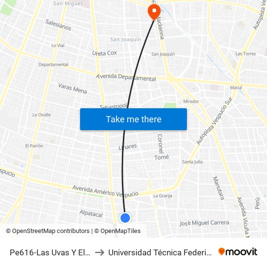 Pe616-Las Uvas Y El Viento / Esq. Sofía Eastman to Universidad Técnica Federico Santa María, Campus San Joaquín map