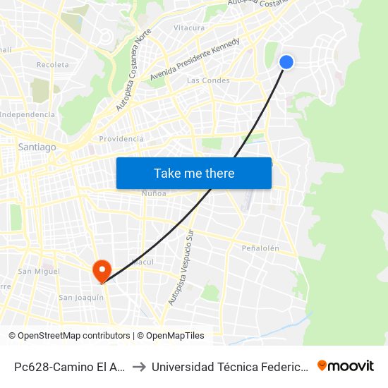 Pc628-Camino El Alba / Esq. Camino Mirasol to Universidad Técnica Federico Santa María, Campus San Joaquín map