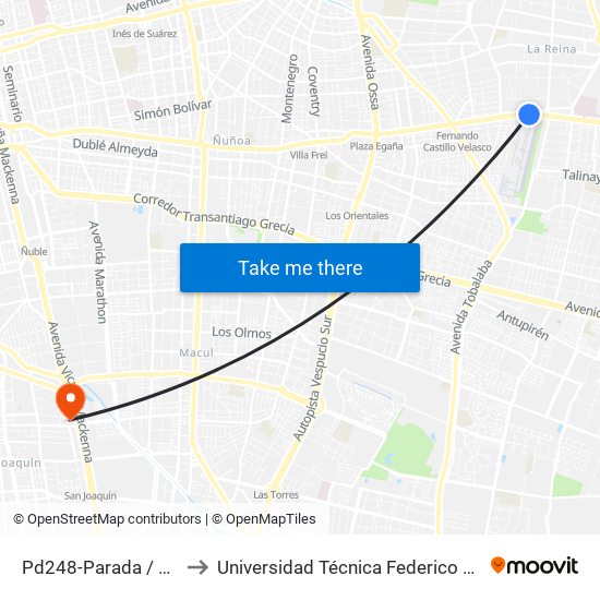 Pd248-Parada / Aeródromo Tobalaba to Universidad Técnica Federico Santa María, Campus San Joaquín map