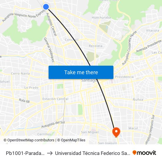 Pb1001-Parada / Cruce Quilicura to Universidad Técnica Federico Santa María, Campus San Joaquín map