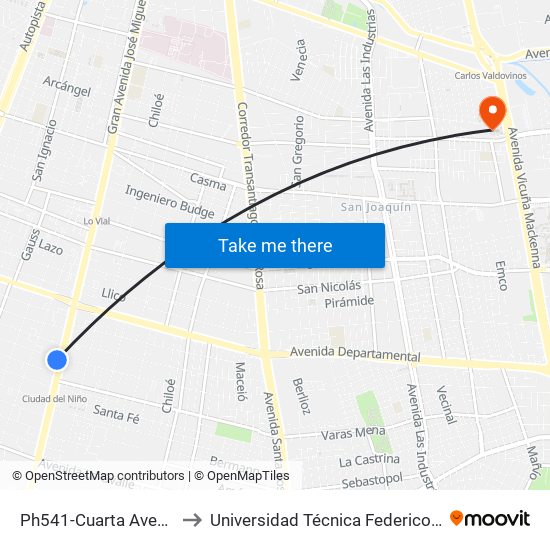 Ph541-Cuarta Avenida / Esq. Gran Avenida to Universidad Técnica Federico Santa María, Campus San Joaquín map